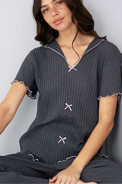 Siyah İnci Anthracite Seasonal Thin Bow Pajama Suit7879