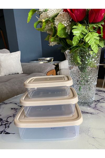 Doğuş Mutfak 3 Pieces Rectangular Food Storage Container - Microwave Suitable Organizer Beige