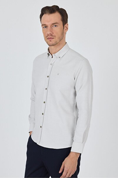 İmza Μακρυμάνικο μοτίβο Dobby πέτο με κουμπιά χωρίς τσέπη Βαμβακερό κλασικό πουκάμισο Slim Fit 1004250205
