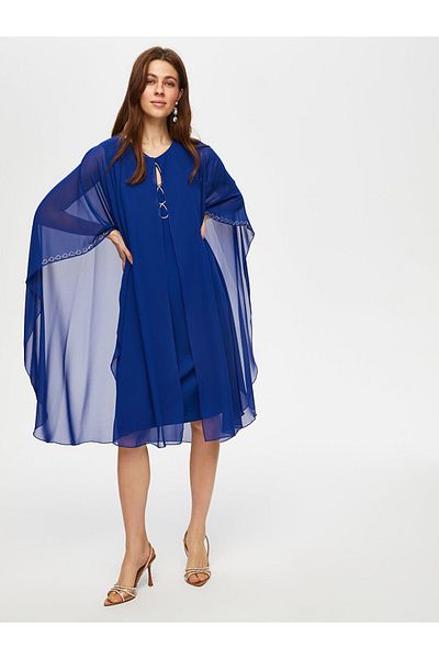 Faik Sönmez Damla Stone Detailed Chiffon Cape Evening Dress Faik Sönmez