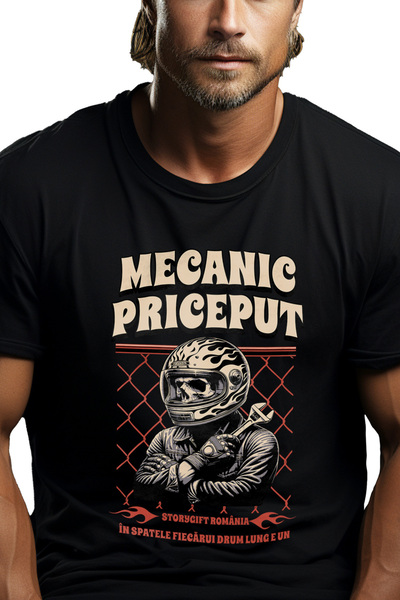 StoryGift Romania Tricou Barbati Schelete Cu Casca Motor Text Mecanic Pricepu...