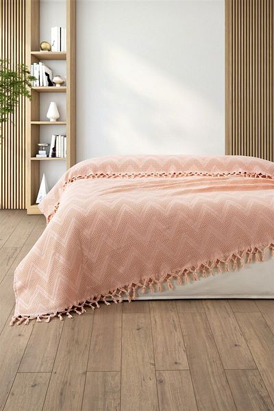 Sevim 100% Cotton Double Binding Fringed Pike-220X240 Cm-Powder