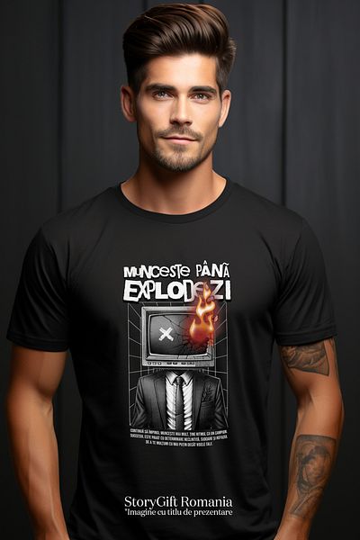 StoryGift Romania Men's T-Shirt Office With Fire TV Work Until You Explode With Print On The Front, Left