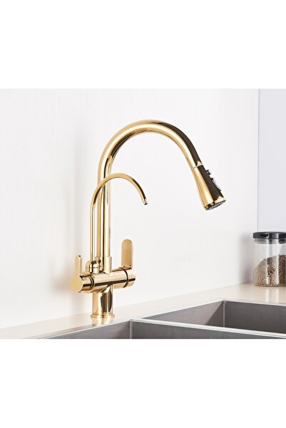 Blackswan Design Baterie chiuveta bucatarie, Blackswan, Tip M188, iesire pentru apa purificata si buton pauza, auriu