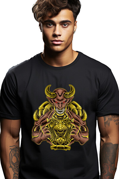 StoryGift Romania Tricou bărbătesc cu demon, coarne, armură, gheare, zâmbet, cu imprimeu pe față, 100% bumbac