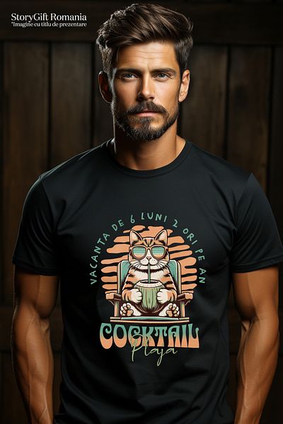 StoryGift Romania Tricou Barbati Pisica Pe Plaja Iubitorii De Animal, Vacanta De 6 Luni De Doua Ori Pe An Cu Stg