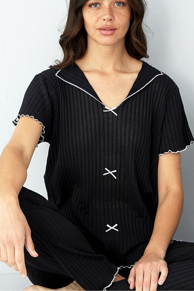 Siyah İnci Black Seasonal Thin Bow Pajama Suit7879