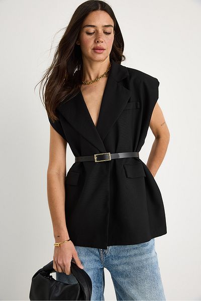 Bianco Lucci Women's Pocket Detailed Belted Padded Oversize Lined Blazer Vest 11143 60281003