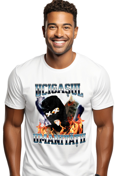 StoryGift Romania Tricou Barbati Ucigasul Umanitatii Om Cu Masca In Flacari C...