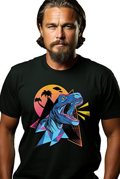 StoryGift Romania Tricou Barbati Cu Dinozaur, Palmieri, Geometric, Nori, Retr...