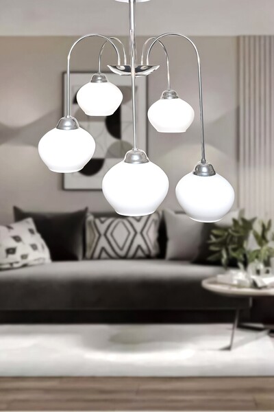 Turanconcept Dora 5 Li Avize Dekoratif Tasarım Modern Kollu Camlı Avize Oturma Odası Yemek Odası Salon