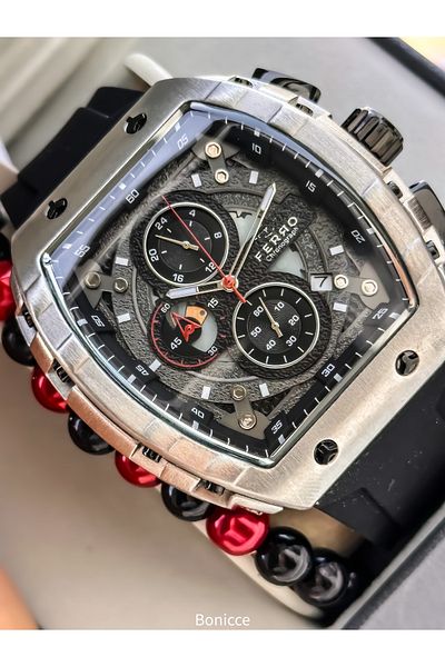 FERRO Sport Men's Watch, Active Functions, Black Silicone, with Calendar, Bracelet Gift