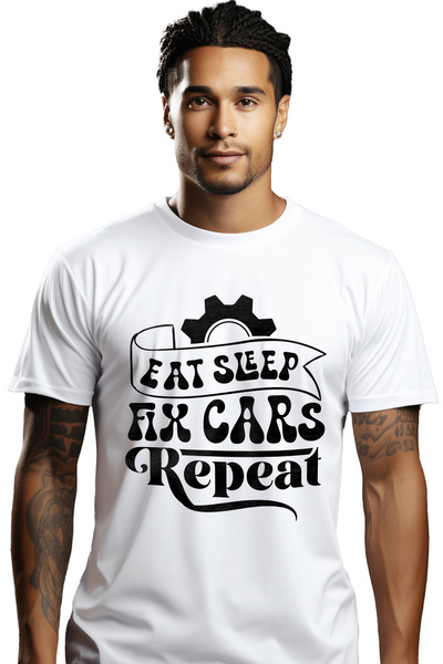 StoryGift Romania Tricou bărbătesc cu textul „mănâncă, dormi, repară mașini, ...