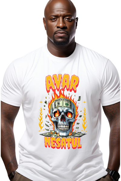 StoryGift Romania Tricou Barbati Craniu Om In Flacari Cu Bancnote Avar Nesatu...