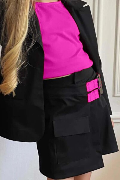 Riccotarz Girl's Fuchsia Skirt Suit with Zero Sleeve Blouse and Double Belt Detail