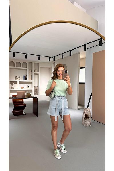 Sezgi Tekin Premium Series Waist Elastic Ice Blue Denim Shorts