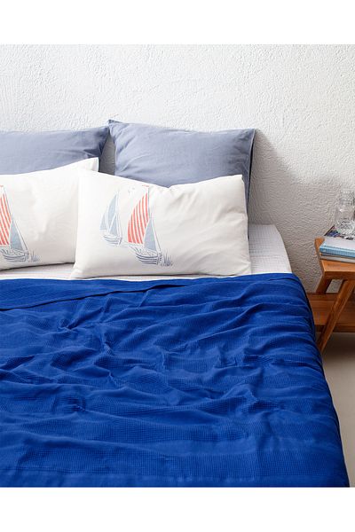 Madame Coco Mathilda King Size 100% Cotton Karde Flat Pique Set - Navy Blue