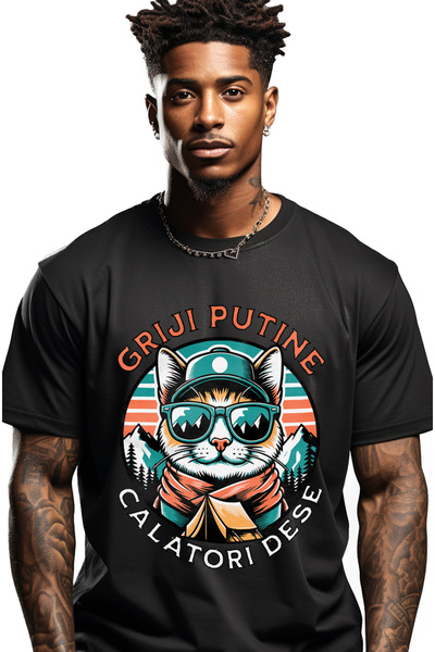 StoryGift Romania Tricou Barbati Pisica Cercetas, Griji Putine Calatorii Dese...