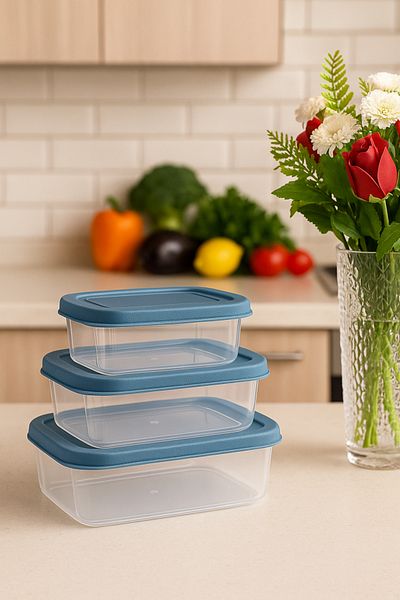 Doğuş Mutfak 3 Pieces Rectangular Food Storage Container - Microwave Suitable Organizer Organizer Blue