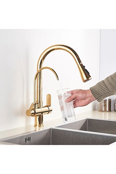 Blackswan Design Baterie chiuveta bucatarie, Blackswan, Tip M188, iesire pentru apa purificata si buton pauza, auriu