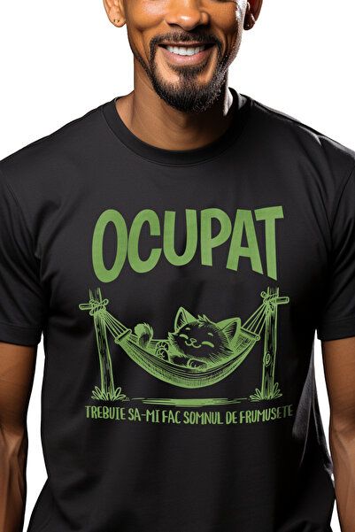 StoryGift Romania Tricou Barbati Pisica Stand In Hamac, Text Ocupat Trebuie S...