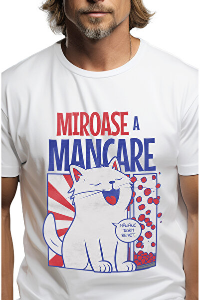 StoryGift Romania Tricou Barbati Pisica Alba Mesaj Haios Miroase A Mancare, I...