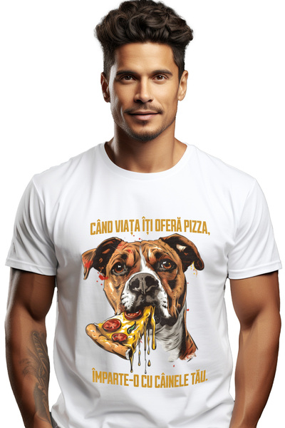 StoryGift Romania Tricou Barbati Caine Cu Felie De Pizza, Text Cand Viata Iti...