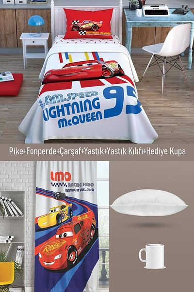 Taç Cars Pike Set + Cars Background Curtain + Pillow + Mug Cup Gift Total 6 Pieces