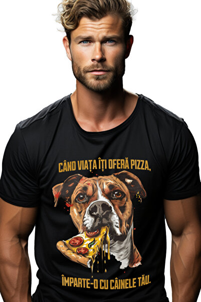 StoryGift Romania Tricou Barbati Caine Cu Felie De Pizza, Text Cand Viata Iti...