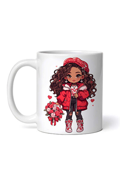 OEM Cană albă personalizată, Fată Valentine cu beretă, INOVATIX®. 330ml
