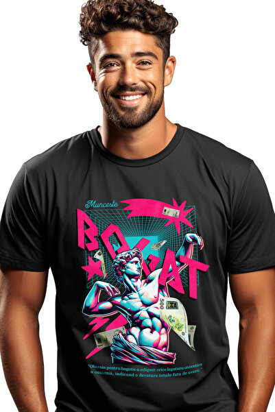 StoryGift Romania Tricou Barbati Bogat - Statuie Si Bani Romanesti Zburand Cu...