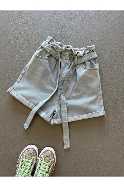 Sezgi Tekin Premium Seri Bel Lastikli Buz Mavi Denim Şort