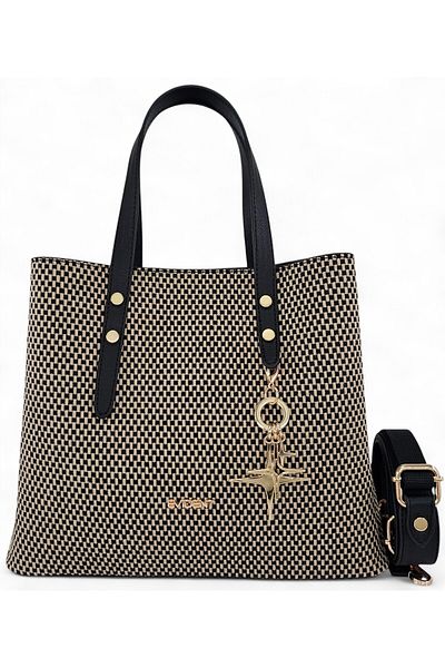 Evident Black Woven Straw Adjustable Cross Strap Women's Handbag with Accessories