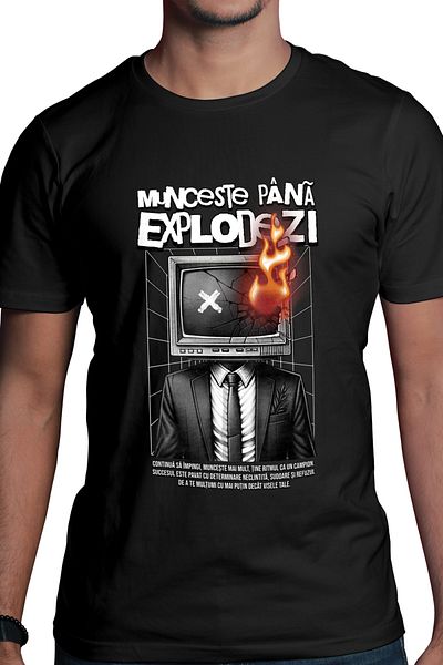 StoryGift Romania Men's T-Shirt Office With Fire TV Work Until You Explode With Print On The Front, Left