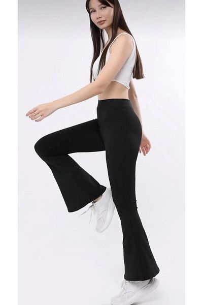 PRATİKOBA Women's Black Flare Leg Diving Fabric High Waist Lycra Gathering Leggings Trousers Dv540028
