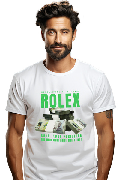StoryGift Romania Tricou Barbati Rolex - Banii Aduc Fericirea Cu Imprimeu Pe Fata, 100% Bumbac, Alb, Xl Stg