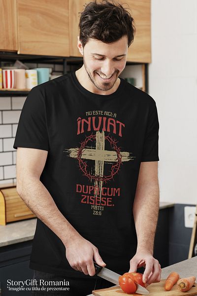StoryGift Romania Tricou Barbati Cruce Iisus A Inviat Paste Sarbatori Familie Cu Imprimeu Pe Fata, 100% Bumb Stg