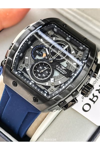 FERRO Sports Men's Watch, Active Functions, Navy Blue Silicone, with Calendar, Bracelet Gift