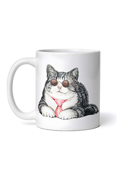 OEM Cană albă personalizată, Pisică cu ochelari și cravată, INOVATIX®. 330ml