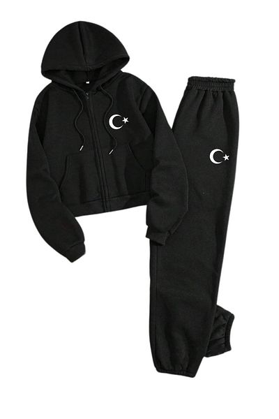 NO 601 Unisex Μαύρο Σετ Φούτερ με φερμουάρ με φερμουάρ