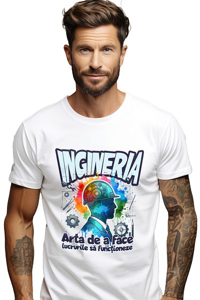 StoryGift Romania Tricou Barbati Silueta Barbat Cu Casca Protectie Text Ingineria Cu Imprimeu Pe Fata, 100% Stg
