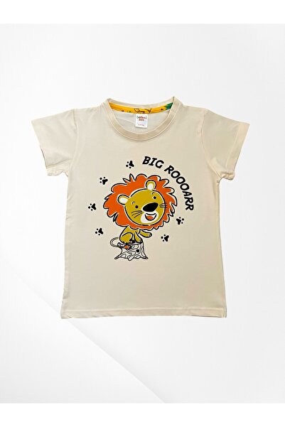 elmas kids Σετ ανδρικής παιδικής κρέμας 100% βαμβακερή κρέμα Lion Safari με κοντό μανίκι μακρυά πιτζάμες