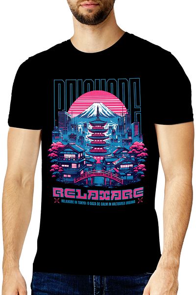 StoryGift Romania Tricou Barbati Relaxare In Mt Fuji Tokyo Pop Art Japan Cu Imprimeu Pe Fata, 100% Bumbac, N Stg
