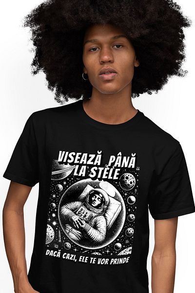 StoryGift Romania Tricou Barbati Astronaut Vis. Viseaza Pana La Stele Cu Imprimeu Pe Fata, 100% Bumbac, Ne Stg