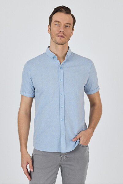 İmza Темно-синя коротка рукава пряма в'язка з ґудзиками комір без кишень бавовняна класична сорочка slim fit 1004250155_300