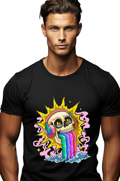 StoryGift Romania Tricou bărbătesc cu craniu, cască, curcubeu, soare, cu imprimeu frontal, 100% bumbac, negru stg