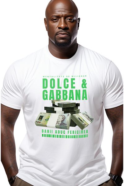 StoryGift Romania Tricou Barbati Dolce & Gabbana - Banii Aduc Fericirea Cu Imprimeu Pe Fata, 100% Bumbac, Stg