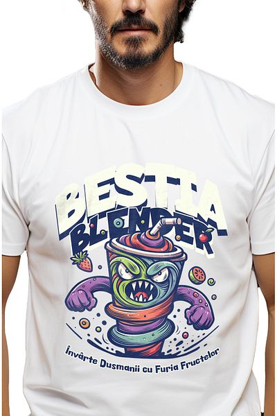 StoryGift Romania Tricou Barbati Bestia Blender Invarte Dusmanii Cu Imprimeu Pe Fata, 100% Bumbac, Alb, Xl Stg