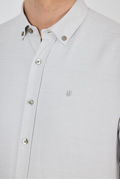 İmza Μακρυμάνικο μοτίβο Dobby πέτο με κουμπιά χωρίς τσέπη Βαμβακερό κλασικό πουκάμισο Slim Fit 1004250205