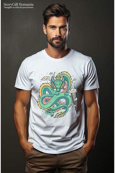 StoryGift Romania Tricou Barbati Cu Dragon, Nori, Asiatic, Stele, cu imprimeu pe Fata, 100% Bumbac, Alb, S